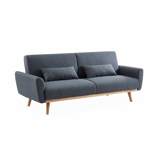 Canapé convertible 2-3 places bois d'eucalyptus tissu OSKAR Couleur gris foncé <span itemprop=