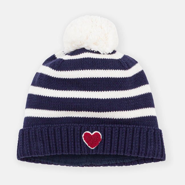 Bonnet rayé en tricot, doublé polaire bleu marine rayé <span itemprop=