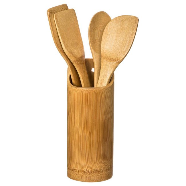Pot à ustensiles avec 4 spatules BAMBOU beige <span itemprop=