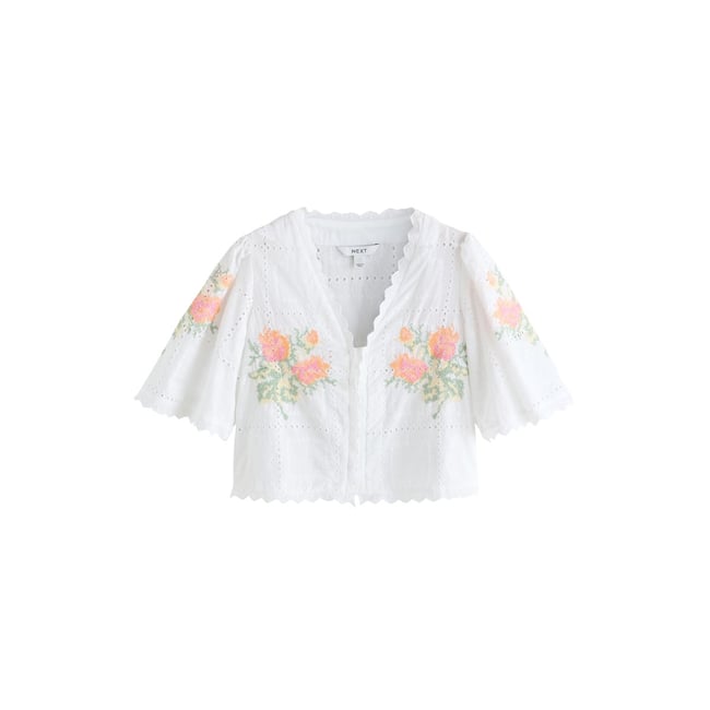 Haut à fleurs brodées avec surpiqûres blanc <span itemprop=