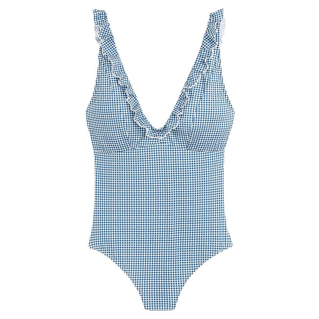 Bañador 1 pieza con volante, motivo vichy estampado <span itemprop=