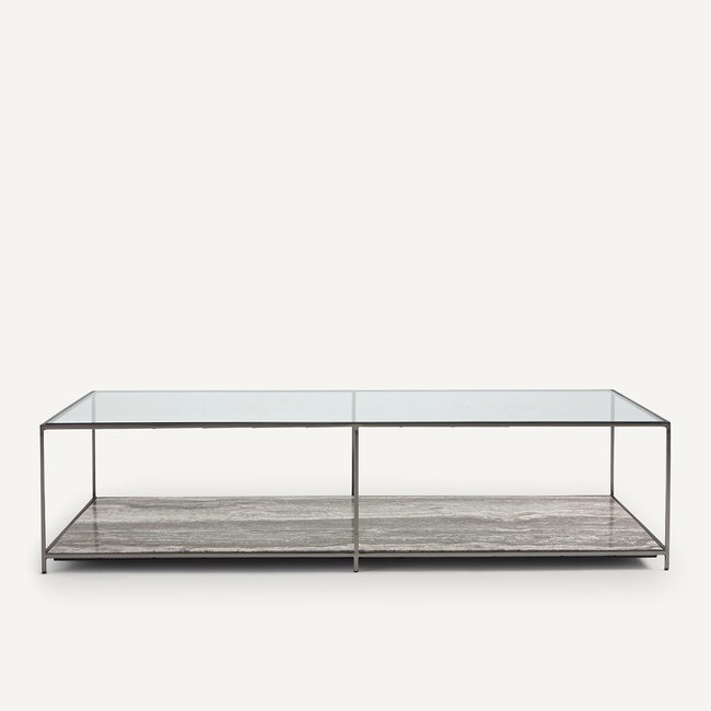 Mesa de centro, em vidro temperado e travertino, Buren travertino cinzento <span itemprop=