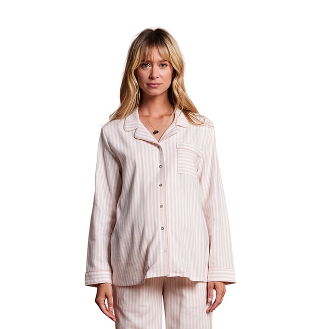 Pyjama rayé en flanelle grossesse et allaitement rayé rose <span itemprop=