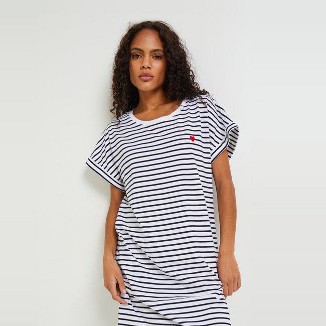 Chemise de nuit manches courtes rayée en coton BIO blanc <span itemprop=