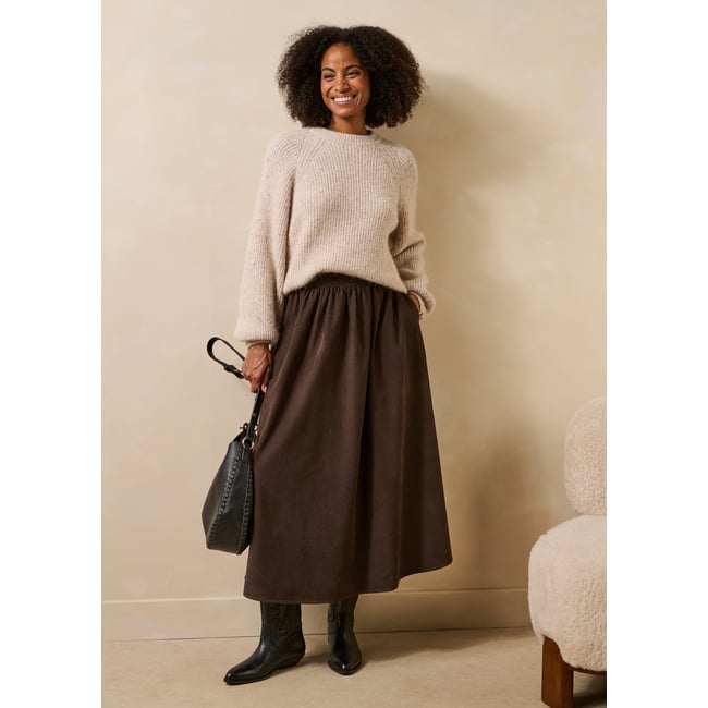 Jupe longue en velours côtelé ganache <span itemprop=