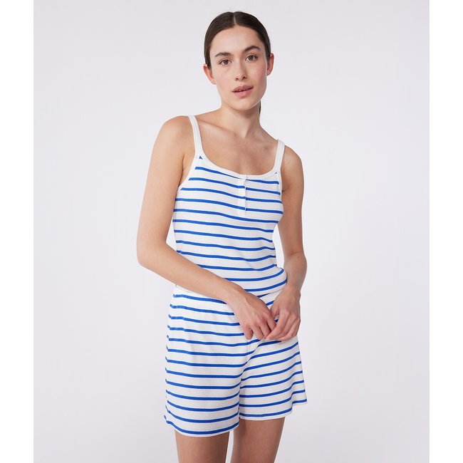 Pyjashort en coton à bretelles rayé bleu/blanc <span itemprop=