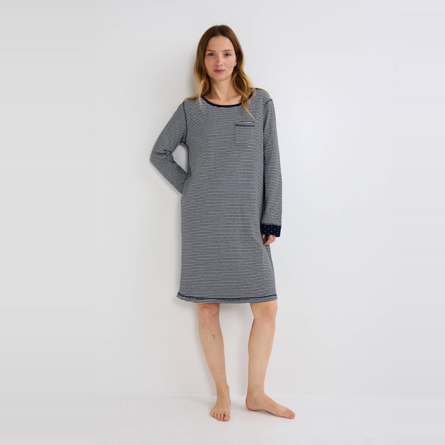 Chemise de nuit à pois et rayures en coton double face BIO marine <span itemprop=
