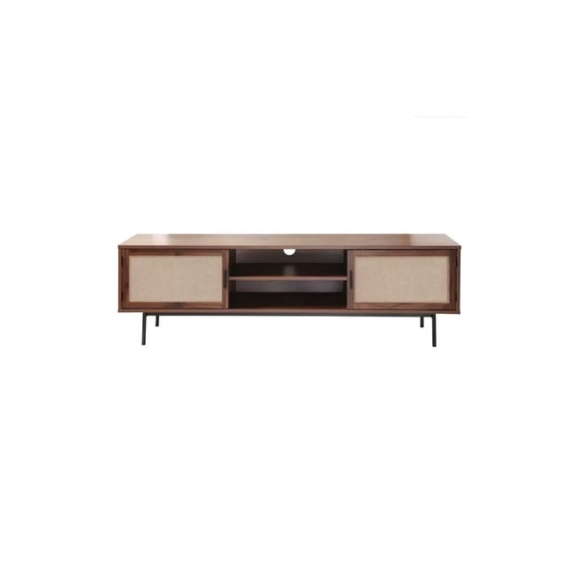 Meuble TV décor noyer avec façades en tissu  L140 cm JETSON Couleur bois foncé <span itemprop=