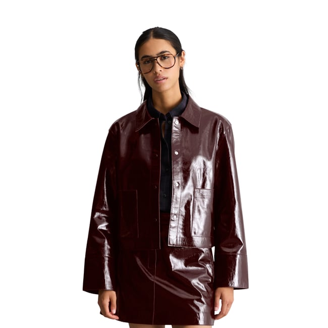 Veste en cuir brillant, coupe classique en cuir d'agneau de luxe rouge <span itemprop=