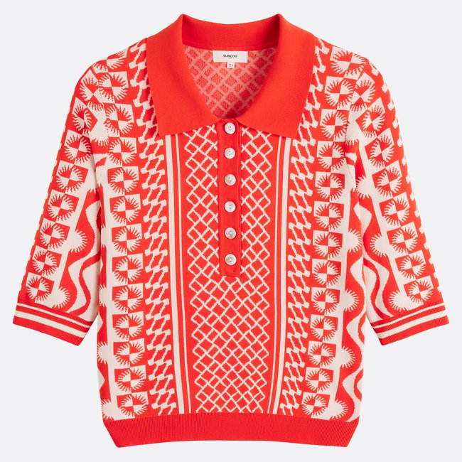 Printed Polo Shirt, Elbow-Length Sleeves, POLKA, red, SUNCOO