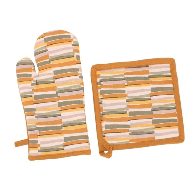 Set gant + manique motifs géométriques jaune <span itemprop=