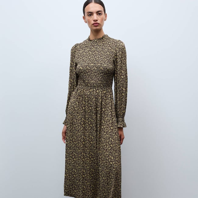 Robe manches longues imprimée smockée arbre <span itemprop=