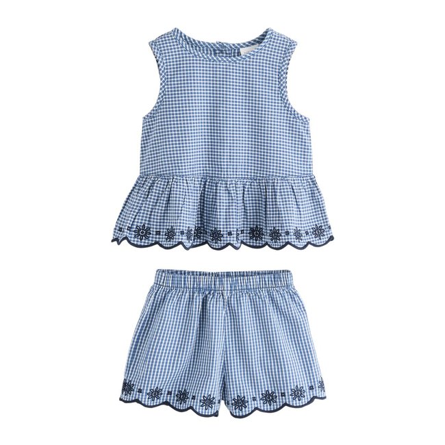 Ensemble coordonné avec chemisier et short vichy marine <span itemprop=