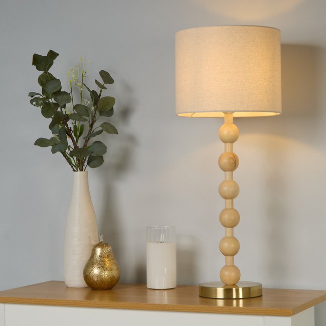 Wooden Bobbin Table Lamp with Linen Shade, beige, SO'HOME