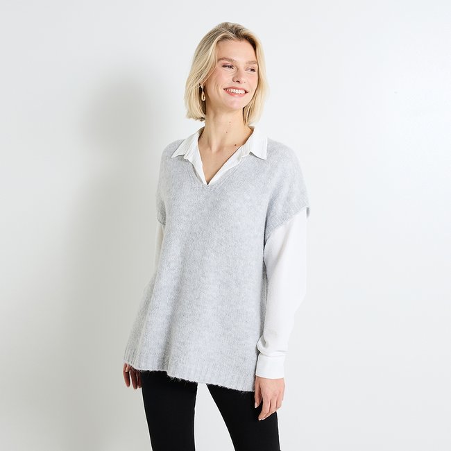 Pull loose col V gris <span itemprop=