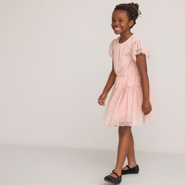 Robe manches courtes en tulle plumetis rose <span itemprop=