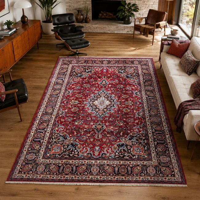 Tapis d'orient au motif oriental, artisanal noué main, MASHAD 1 Couleur rouge, beige, noir <span itemprop=