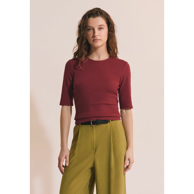 T-shirt manches 3/4 en coton TINA bordeaux grenat <span itemprop=