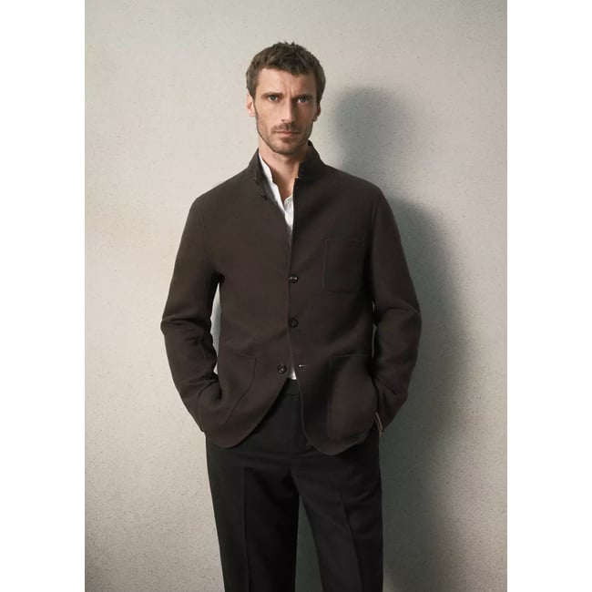 Blazer à col cheminée 100 % laine coupe slim fit marron <span itemprop=