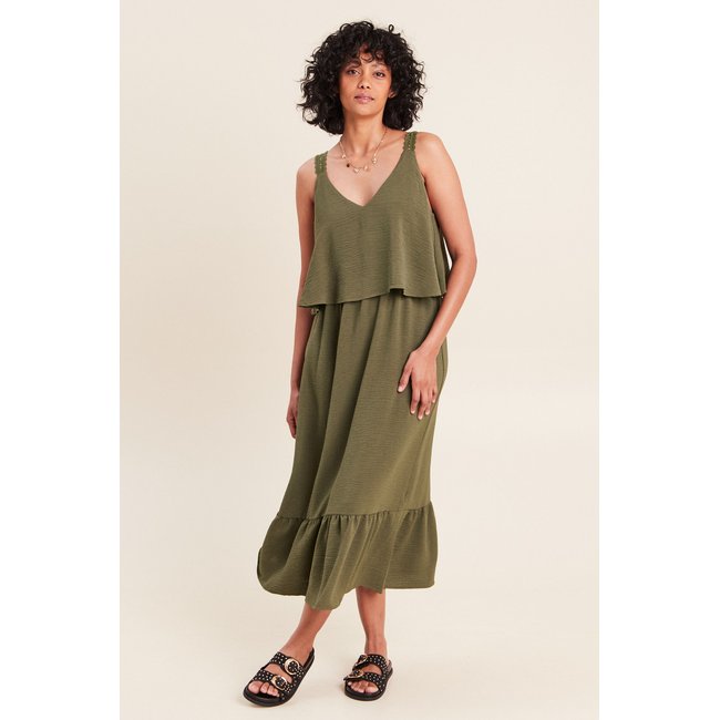 Robe fluide évasée à fines bretelles vert kaki <span itemprop=