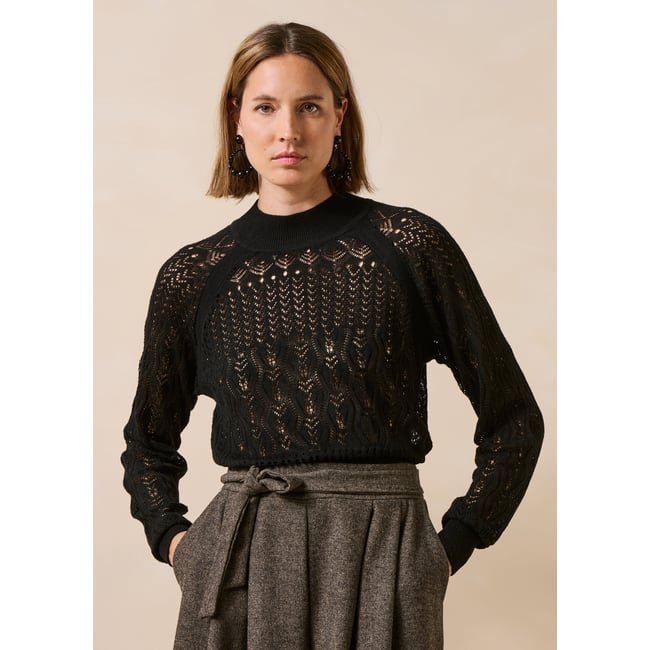 Pull en maille ajourée manches longues col montant noir <span itemprop=