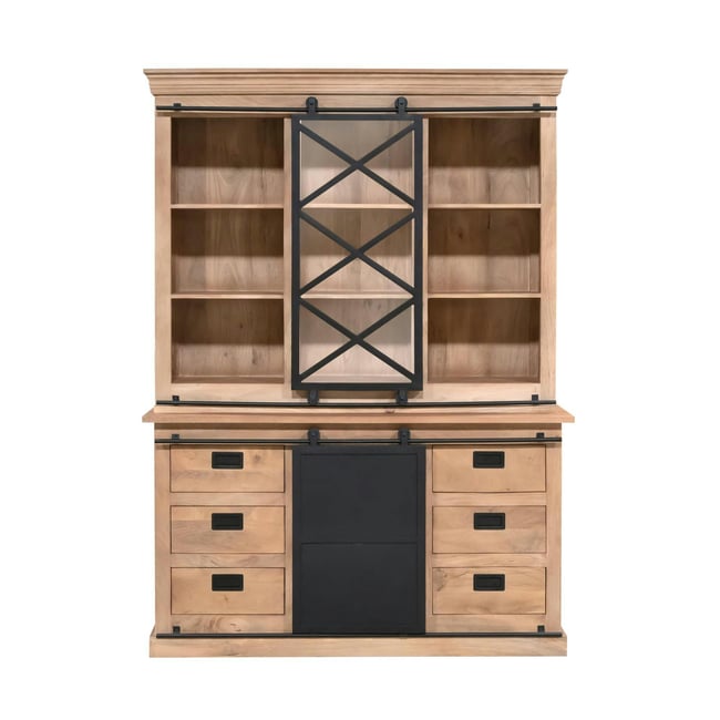 Vaisselier bois métal style atelier à portes coulissantes 160 cm CAMDEN Couleur bois naturel <span itemprop=