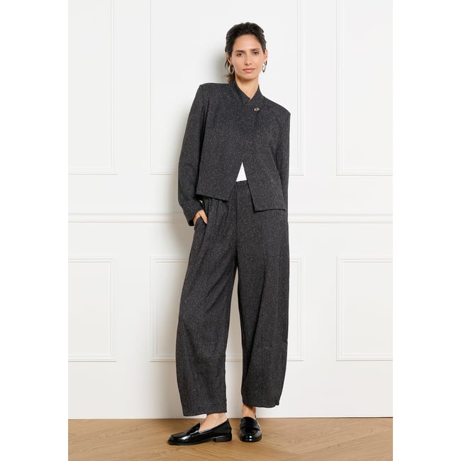 Pantalon barrel effet laine gris fonce <span itemprop=