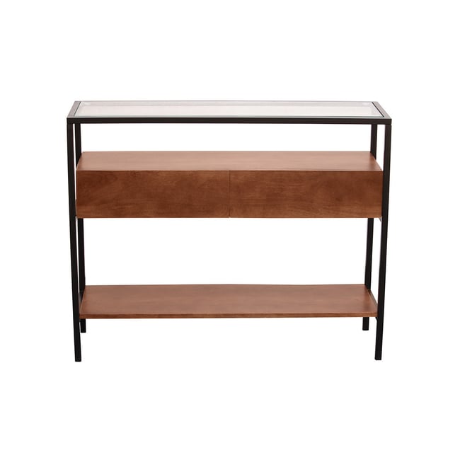 Console en bois foncé manguier massif et plateau en verre 2 tiroirs L100 cm SITA - MILIBOO