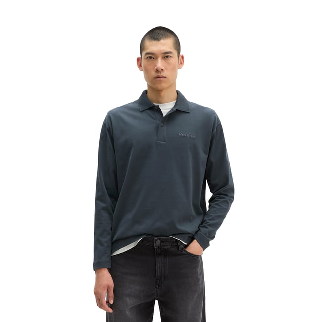 Polo à manches longues relaxed en jersey de coton bio épais bleu <span itemprop=