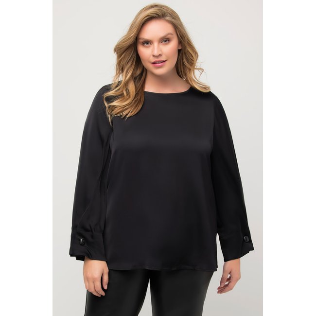 Chemisier, manches plissées, col rond noir <span itemprop=