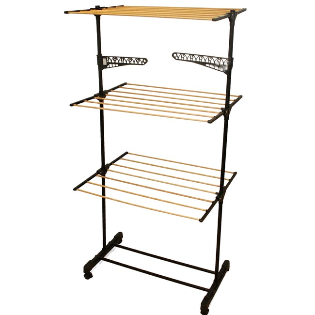 Étendoir à linge pliable sur roulettes couleur noir et bois 80x42x165cm Couleur bois <span itemprop=