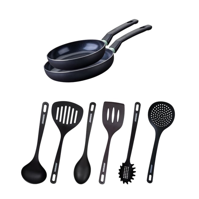 Ensemble de 2 poêles de 20 et 6 ustensiles BRANDAO noir|vert <span itemprop=