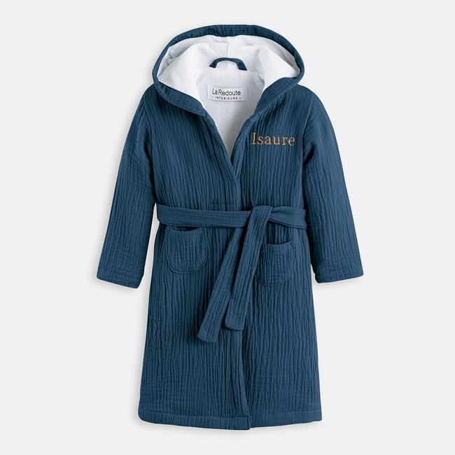 Peignoir enfant gaze de coton personnalisé, Kumla  bleu prusse <span itemprop=