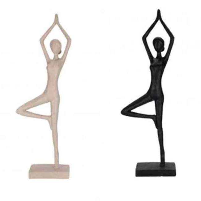 Set de 2 figurines femmes yoga en résine beige et noir 12x7x40cm Couleur beige <span itemprop=