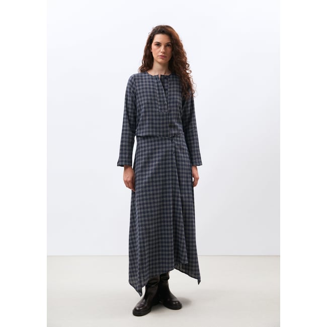 Blouse à carreaux manches longues col rond marine <span itemprop=