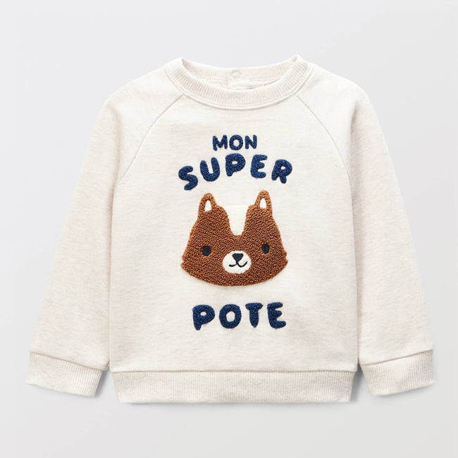 Sweat brodé en coton BIO GOTS beige melange <span itemprop=