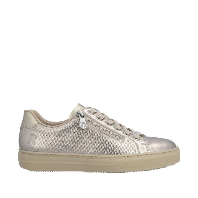 Tennis en cuir perle à talon plat avec des lacets et un zip latéral argenté <span itemprop=