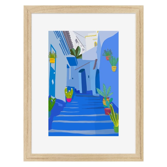 Affiche encadrée Ruelle, cadre en chêne, 30x40cm Couleur bleu-bois massif fsc <span itemprop=