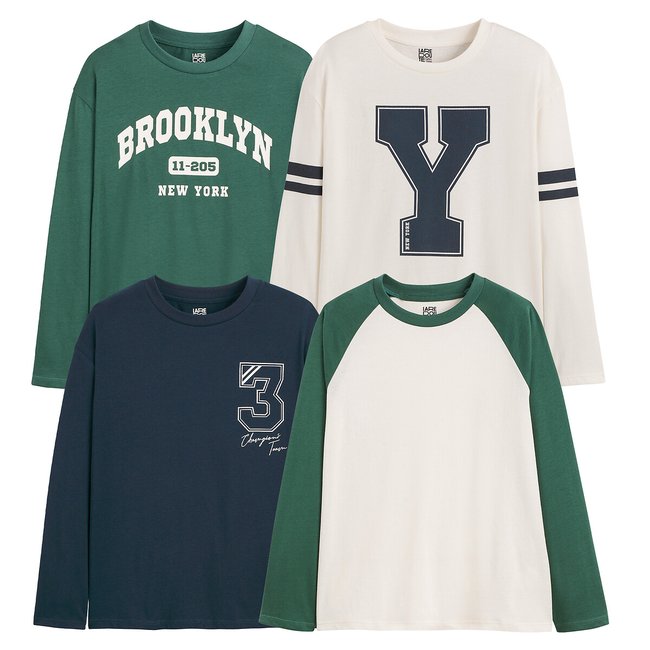 Lot de 4 T-shirts manches longues, esprit campus marine + bicolore + écru + vert <span itemprop=