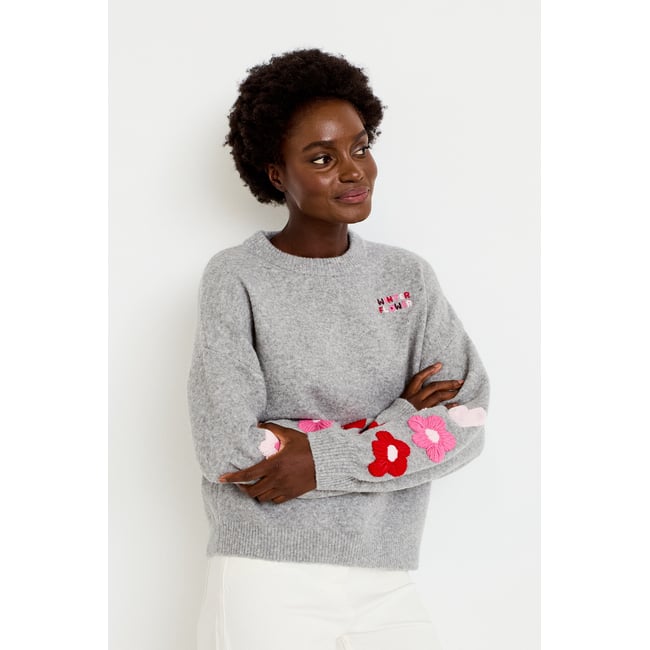 Pull oversize broderie col rond gris clair <span itemprop=
