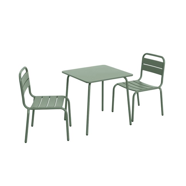 Table de jardin enfant métal + 2 assises ANNA 2 PLACES vert de gris <span itemprop=