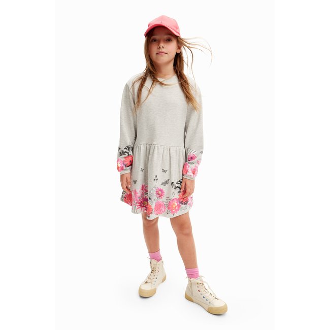 Robe avec des papillons et des fleurs gris <span itemprop=