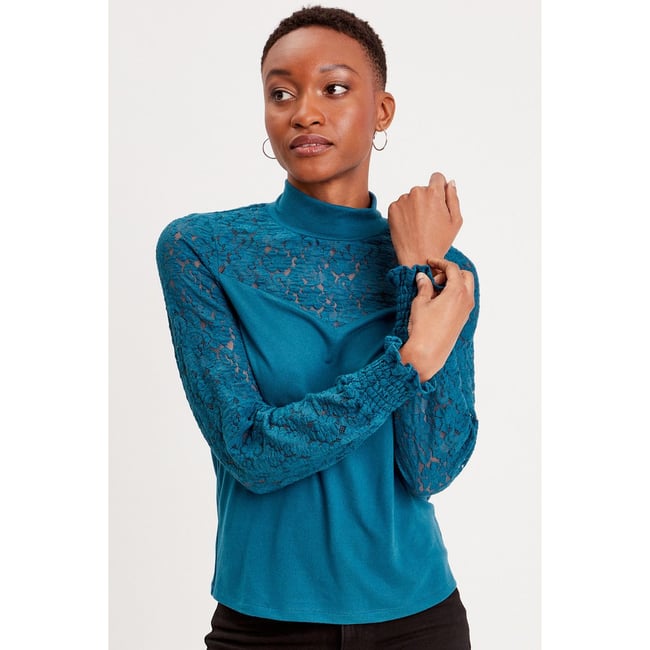 Haut Femme Manches Longues Maille Transparente - Col Montant Dentelle Florale - T-shirt Suisse