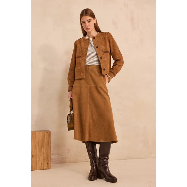 Jupe trapèze en suède VALERIA camel fonce <span itemprop=