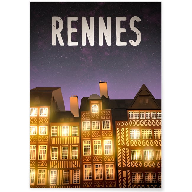 Affiche ville Rennes nuit Couleur blanc <span itemprop=