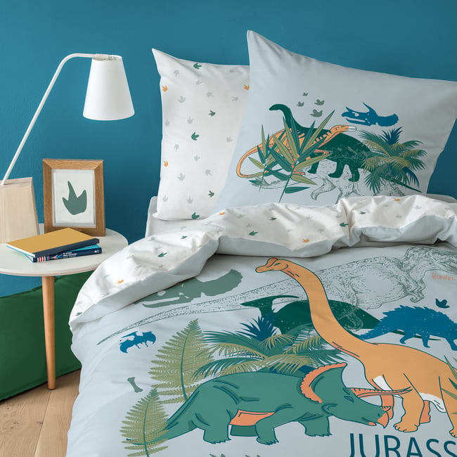 Parure de lit imprimée 100% coton, DINO JUNGLE gris <span itemprop=
