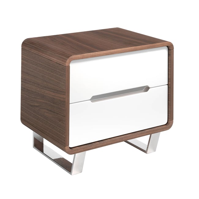 Table de chevet bois blanc, noyer et acier chromé Couleur noyer | blanc | acier <span itemprop=