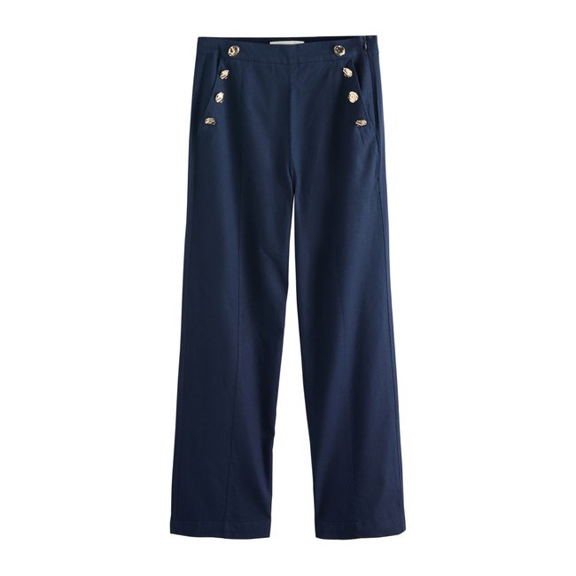 Pantalon large en lin mélangé à boutons dorés bleu marine <span itemprop=