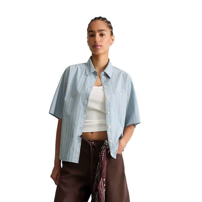 Blouse à rayures regular en popeline papertouch rayée bleu clair <span itemprop=