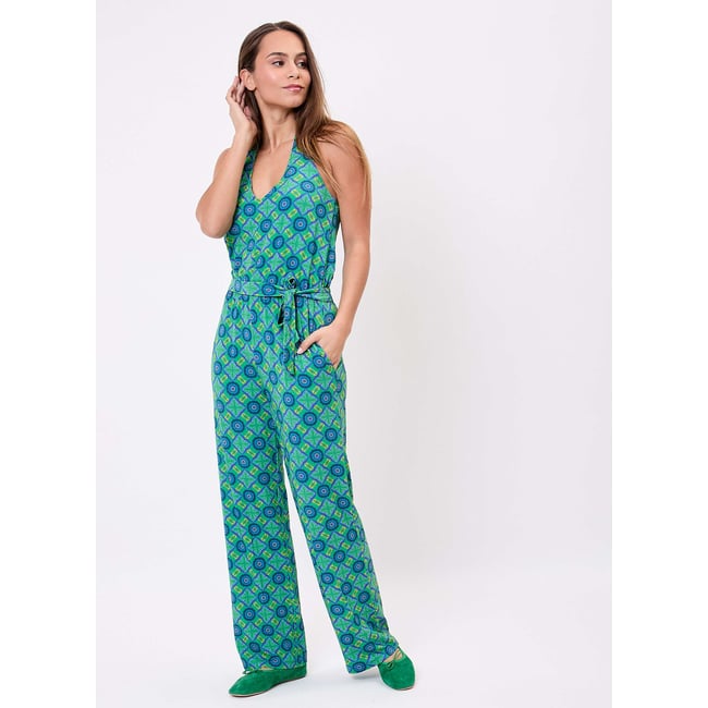 Combinaison pantalon imprimée maille dos nu ROSALIE vert d'eau nairobi <span itemprop=